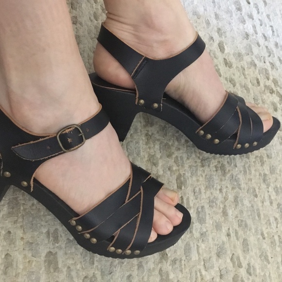 Bosabo Wood Soles Leather Sandals Hand Made size 8.5 Black Sezane - Picture 1 of 8